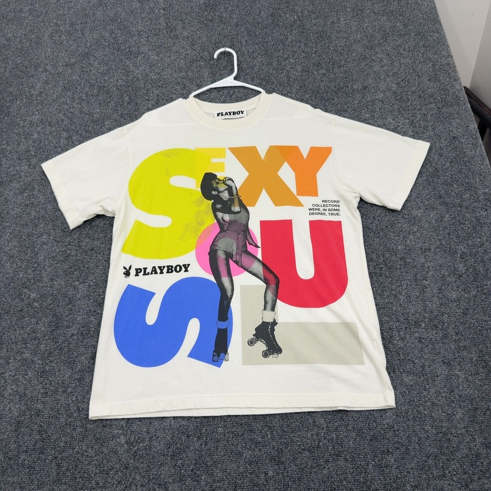 Playboy T-Shirt Mens M Cream Cotton Sexy Soul Roller Girl Graphic Streetwear